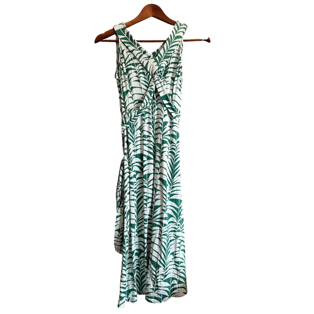 Banana Republic Midi Dress Womens L Green White Palm Print Excellent Sleeveless
